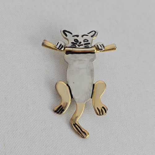 Vintage Gold Tone Silver Cat Brooch Pin Black Enamel