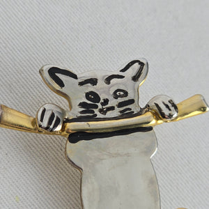 Vintage Gold Tone Silver Cat Brooch Pin Black Enamel