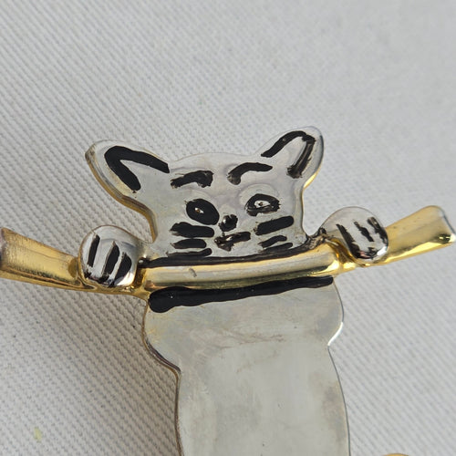 Vintage Gold Tone Silver Cat Brooch Pin Black Enamel