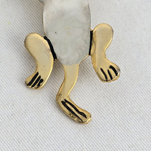 Vintage Gold Tone Silver Cat Brooch Pin Black Enamel