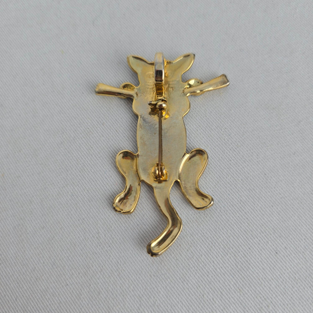 Vintage Gold Tone Silver Cat Brooch Pin Black Enamel