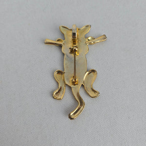 Vintage Gold Tone Silver Cat Brooch Pin Black Enamel