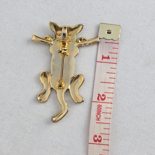 Vintage Gold Tone Silver Cat Brooch Pin Black Enamel