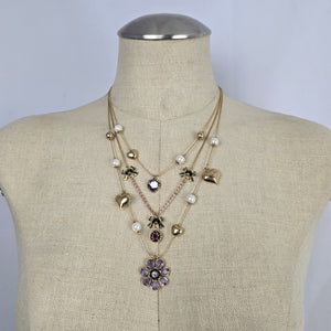 Vintage Betsey Johnson Gold Tone Multi Strand Necklace Pearl Heart Flower Crystal