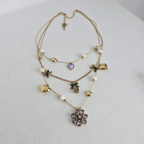 Vintage Betsey Johnson Gold Tone Multi Strand Necklace Pearl Heart Flower Crystal