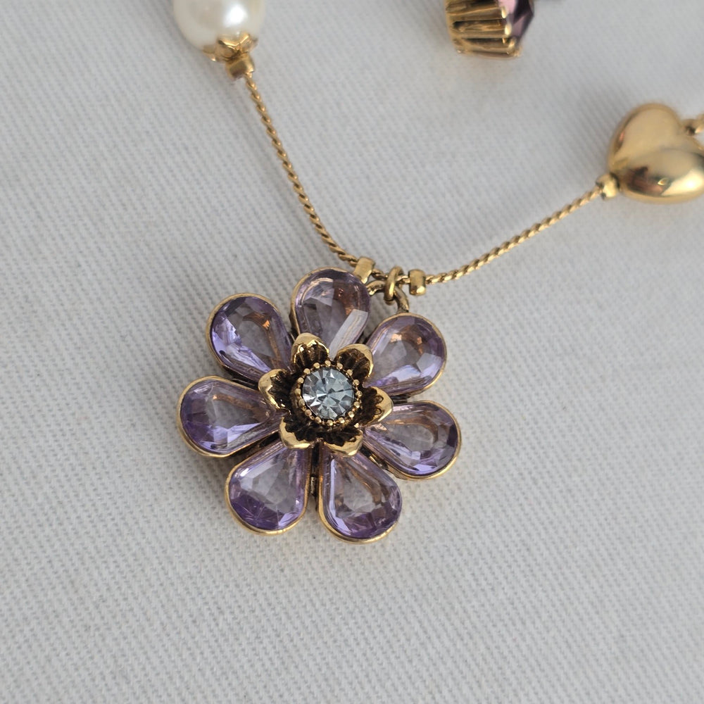 Vintage Betsey Johnson Gold Tone Multi Strand Necklace Pearl Heart Flower Crystal