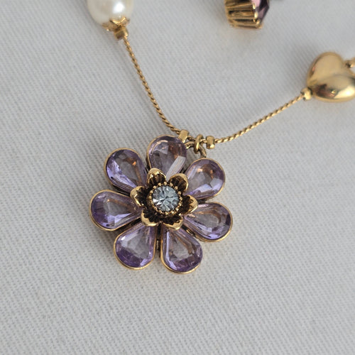 Vintage Betsey Johnson Gold Tone Multi Strand Necklace Pearl Heart Flower Crystal