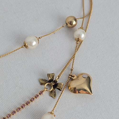 Vintage Betsey Johnson Gold Tone Multi Strand Necklace Pearl Heart Flower Crystal