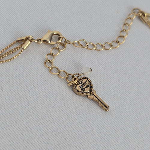 Vintage Betsey Johnson Gold Tone Multi Strand Necklace Pearl Heart Flower Crystal