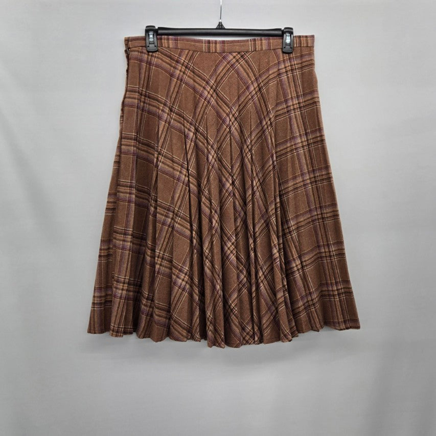 Vintage Bala Ban Collection Brown Plaid Kilt Wool Blend Midi Skirt Size 8