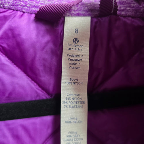 Lululemon Down For A Run Jacket Tender Violet Goose Down Hooded Puffer Size 8