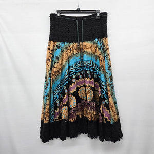 Kaktus Black Smocked Waist Print Skirt Turquoise Tan Lace Hem Size M