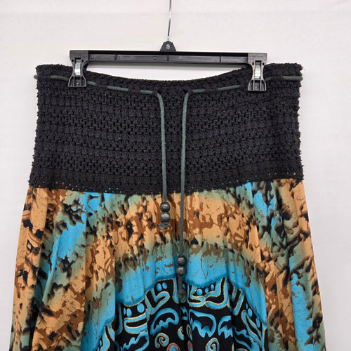 Kaktus Black Smocked Waist Print Skirt Turquoise Tan Lace Hem Size M