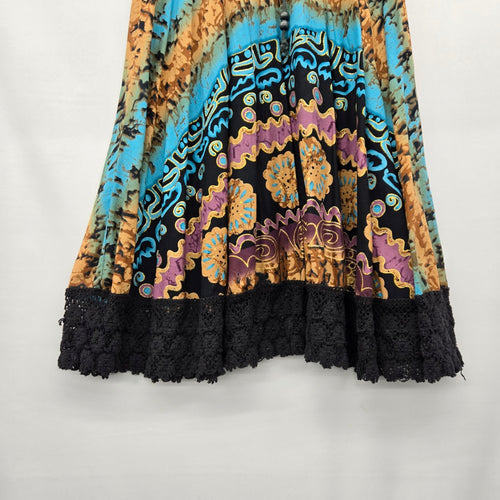 Kaktus Black Smocked Waist Print Skirt Turquoise Tan Lace Hem Size M
