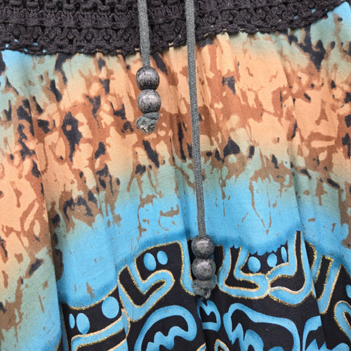 Kaktus Black Smocked Waist Print Skirt Turquoise Tan Lace Hem Size M