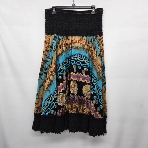 Kaktus Black Smocked Waist Print Skirt Turquoise Tan Lace Hem Size M
