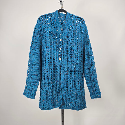 Handmade Crochet Open Knit Long Cardigan Sweater Teal Blue Button Front - Size XL