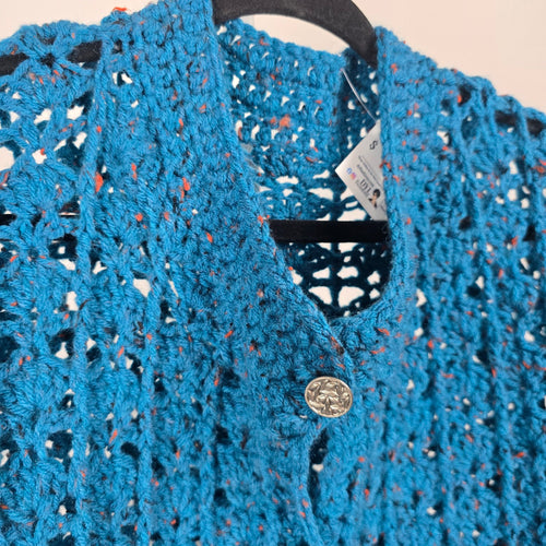 Handmade Crochet Open Knit Long Cardigan Sweater Teal Blue Button Front - Size XL