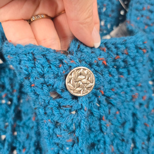 Handmade Crochet Open Knit Long Cardigan Sweater Teal Blue Button Front - Size XL