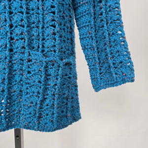 Handmade Crochet Open Knit Long Cardigan Sweater Teal Blue Button Front - Size XL