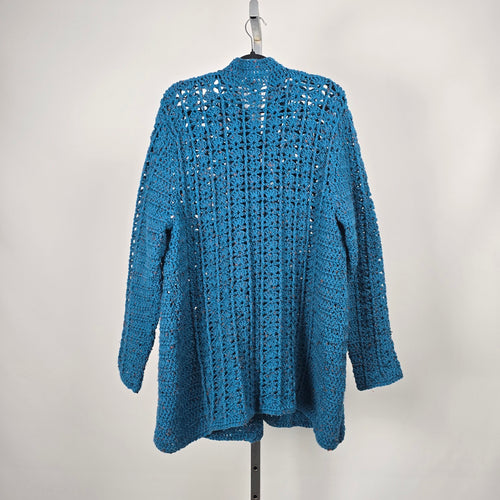 Handmade Crochet Open Knit Long Cardigan Sweater Teal Blue Button Front - Size XL