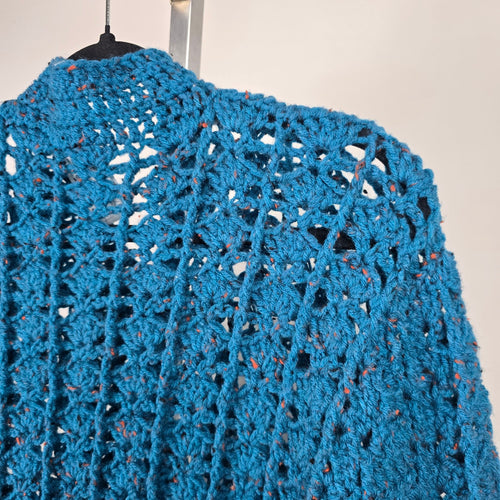 Handmade Crochet Open Knit Long Cardigan Sweater Teal Blue Button Front - Size XL