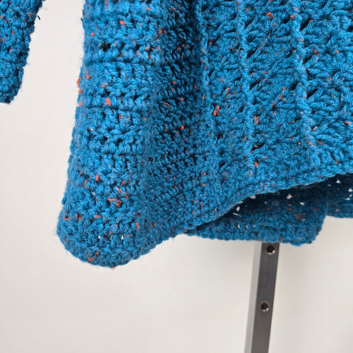 Handmade Crochet Open Knit Long Cardigan Sweater Teal Blue Button Front - Size XL