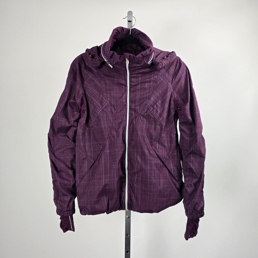 Lululemon Run Hustle Jacket Plum Purple Plaid – Size 8 Hooded Full Zip Jacket