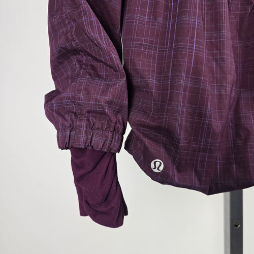 Lululemon Run Hustle Jacket Plum Purple Plaid – Size 8 Hooded Full Zip Jacket