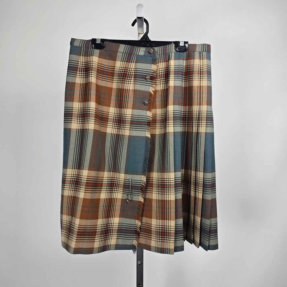 Yves Venet Vintage Paris London Montreal Wool Plaid Kilt Pleated Midi Skirt - Size L/XL
