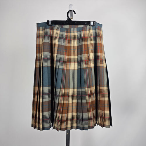 Yves Venet Vintage Paris London Montreal Wool Plaid Kilt Pleated Midi Skirt - Size L/XL