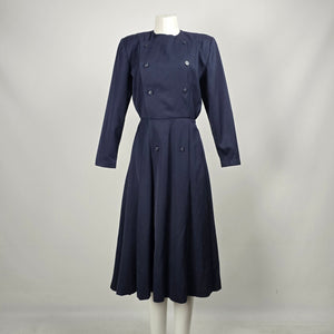 Vintage Navy Double-Breasted Pleated Midi Fit & Flare Dress - Size S/M