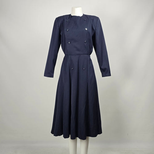 Vintage Navy Double-Breasted Pleated Midi Fit & Flare Dress - Size S/M