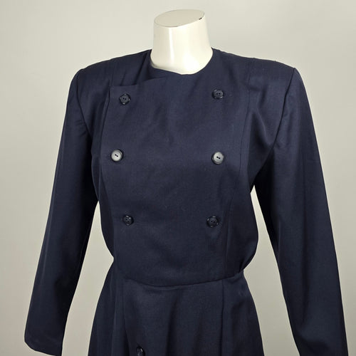 Vintage Navy Double-Breasted Pleated Midi Fit & Flare Dress - Size S/M