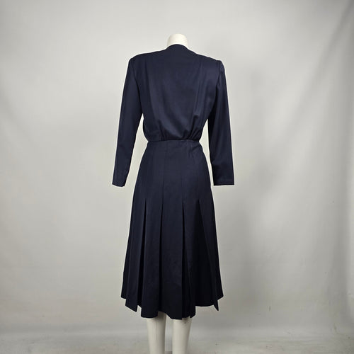 Vintage Navy Double-Breasted Pleated Midi Fit & Flare Dress - Size S/M