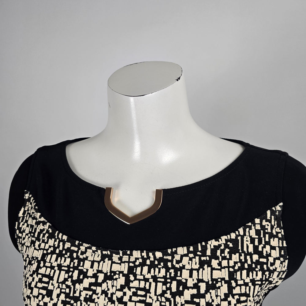 Joseph Ribkoff Black and Cream Geometric Print Dress - Size 10