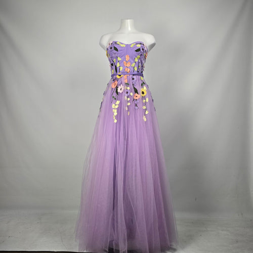 Lilac Floral Embroidered Strapless Tulle Grad Eventwear Gown Size 4