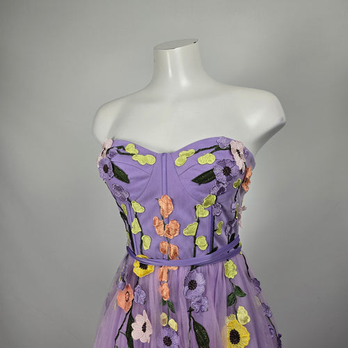 Lilac Floral Embroidered Strapless Tulle Grad Eventwear Gown Size 4
