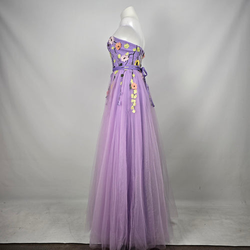 Lilac Floral Embroidered Strapless Tulle Grad Eventwear Gown Size 4