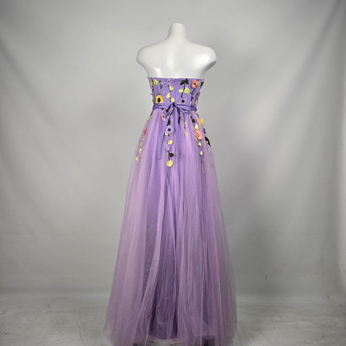 Lilac Floral Embroidered Strapless Tulle Grad Eventwear Gown Size 4