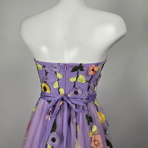 Lilac Floral Embroidered Strapless Tulle Grad Eventwear Gown Size 4