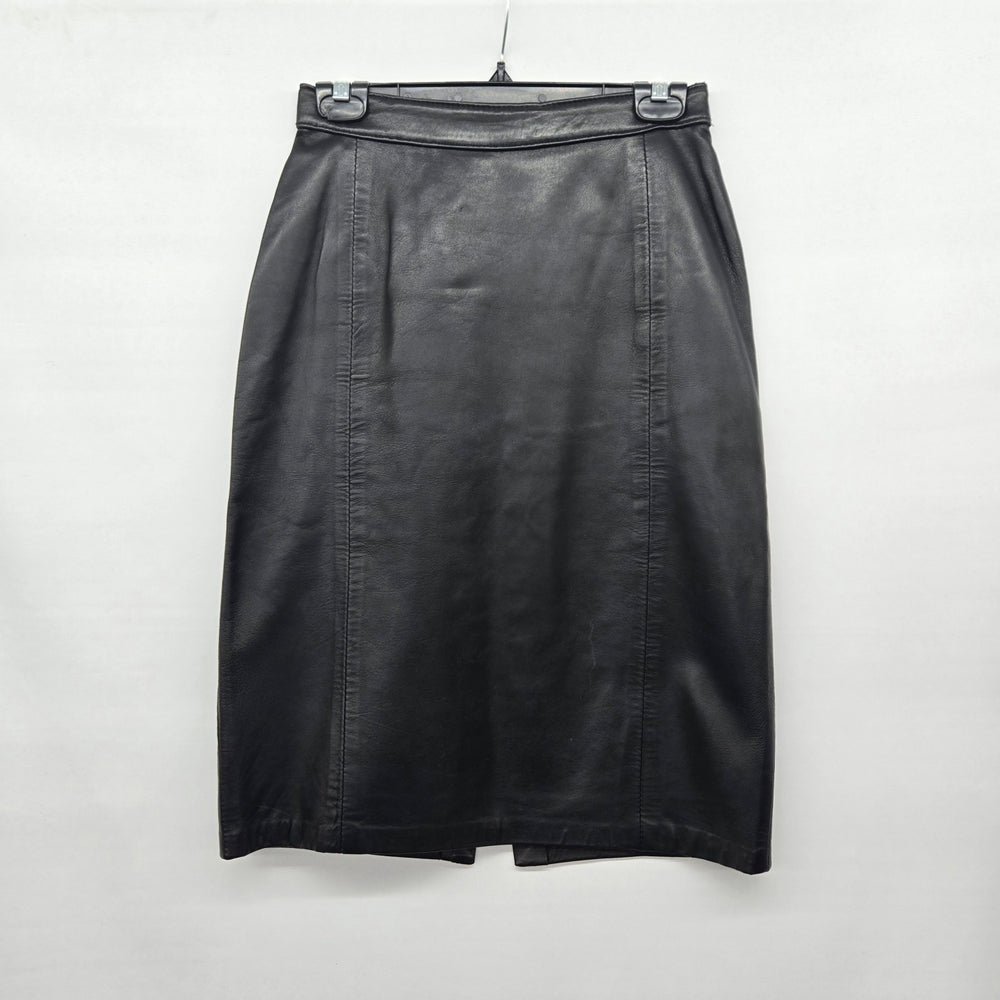 Vintage Black Genuine Leather Midi Pencil Skirt Size 7