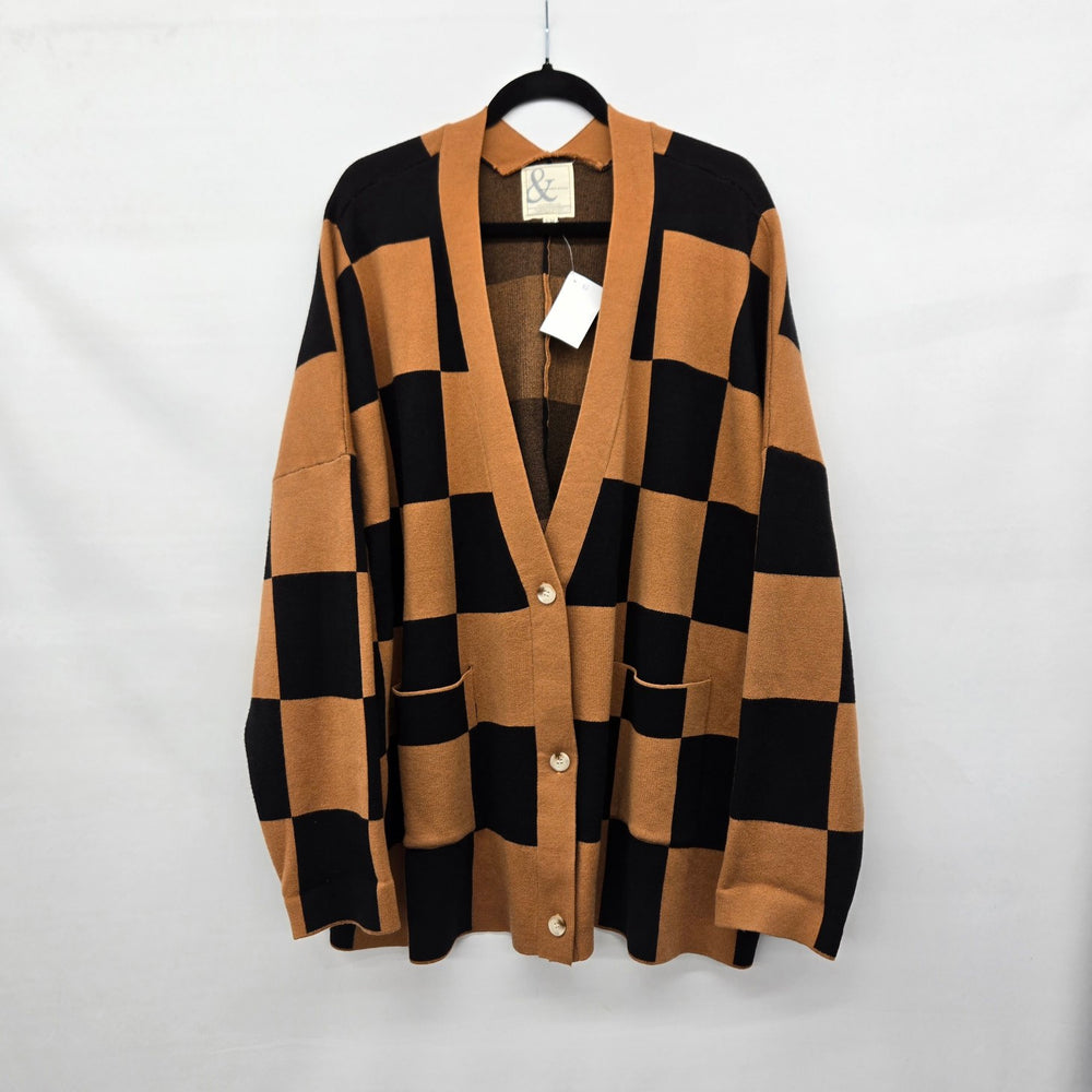 Ampersand Avenue Black & Camel Checkered Button Cardigan Sweater - Size S/M