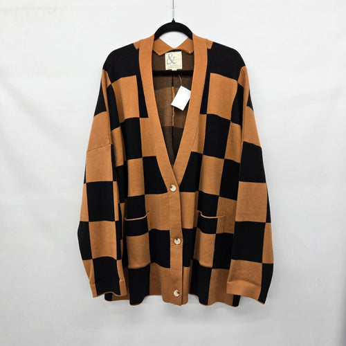 Ampersand Avenue Black & Camel Checkered Button Cardigan Sweater - Size S/M