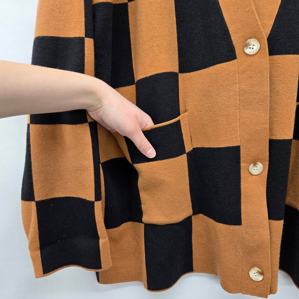 Ampersand Avenue Black & Camel Checkered Button Cardigan Sweater - Size S/M