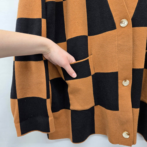Ampersand Avenue Black & Camel Checkered Button Cardigan Sweater - Size S/M