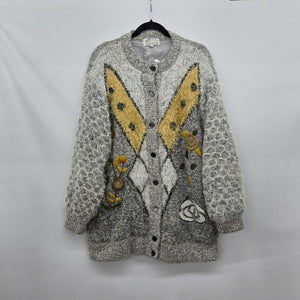 Vintage Paris Gray Mohair Blend Embroidered Fuzzy Knit Cardigan Jacket - Size L