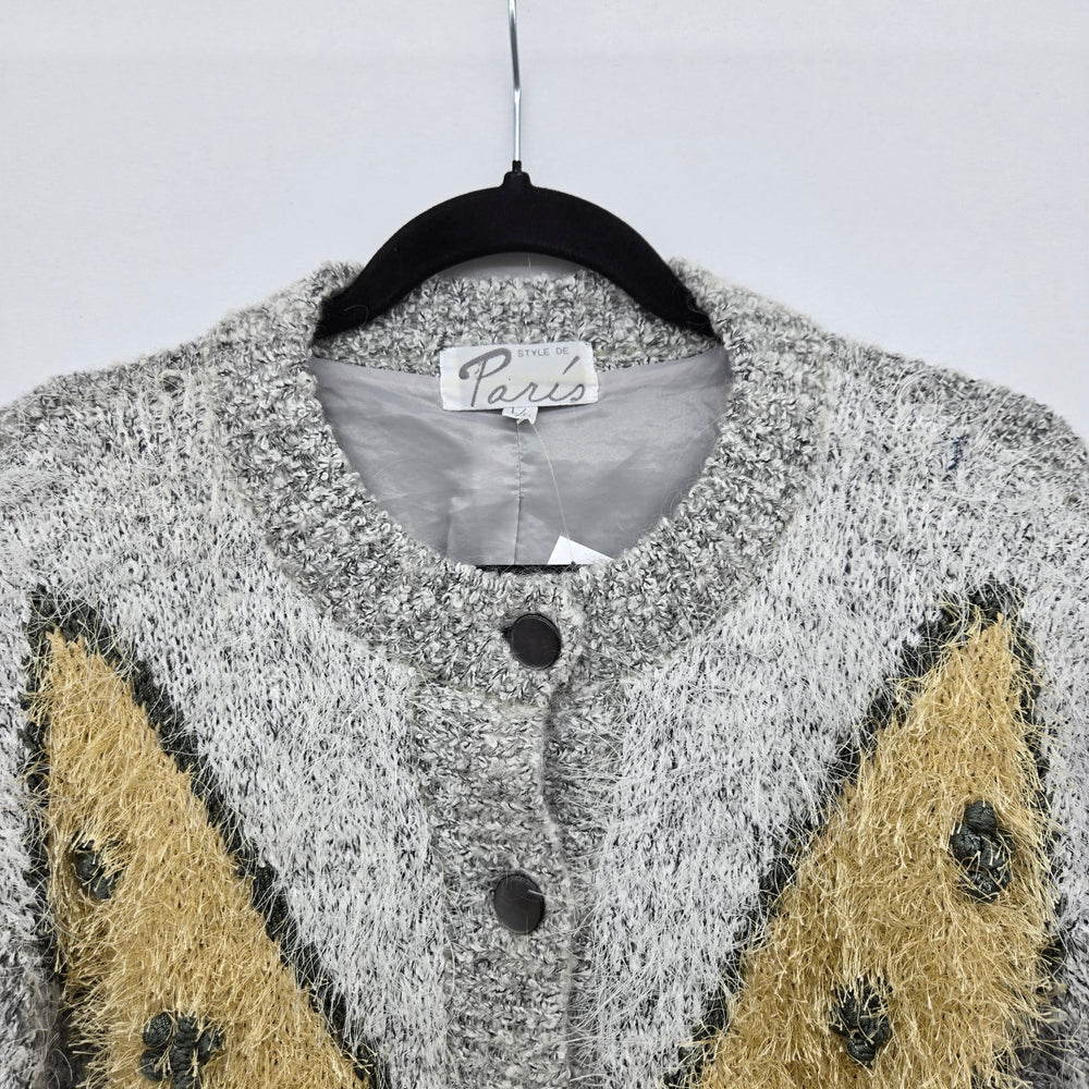 Vintage Paris Gray Mohair Blend Embroidered Fuzzy Knit Cardigan Jacket - Size L