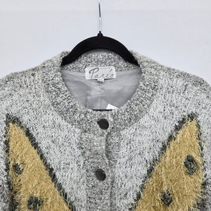Vintage Paris Gray Mohair Blend Embroidered Fuzzy Knit Cardigan Jacket - Size L