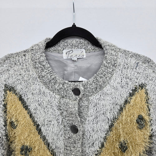Vintage Paris Gray Mohair Blend Embroidered Fuzzy Knit Cardigan Jacket - Size L